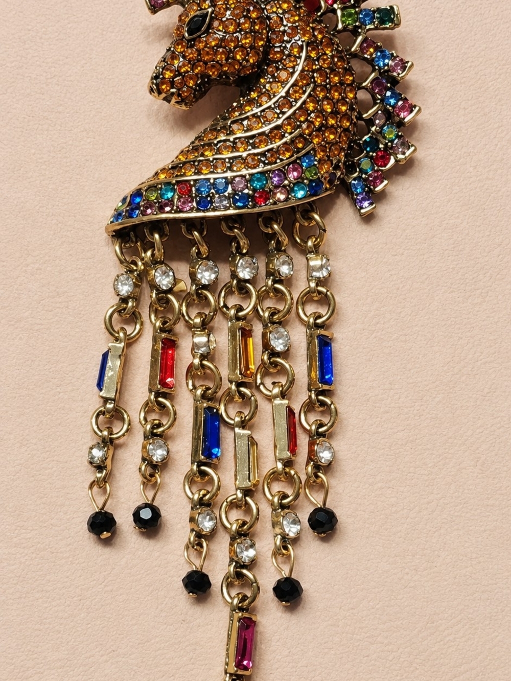 Gold-Tone Multicolor Crystal Horse Head Dangle Brooch